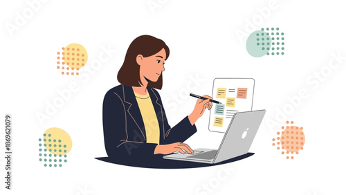 Woman working on laptop and planning tasks on sticky notes, business illustration