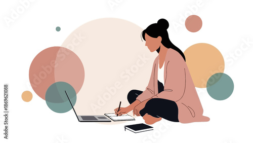 Woman working on laptop and tablet, writing in notebook, modern flat illustration