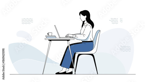 Woman Working on Laptop at Desk, Minimalist Illustration, Remote Work Concept