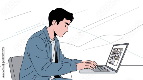 Young man in video conference on laptop, remote work, online meeting, diverse team collaboration