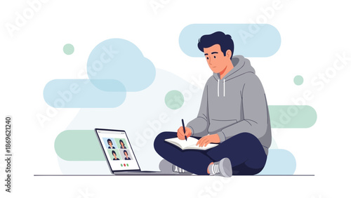 Young Man Learning Online Via Video Conference on Laptop, Taking Notes