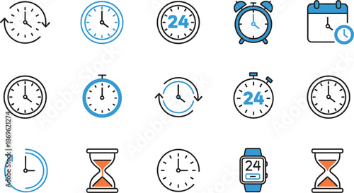 Time management and scheduling line icons for productivity tracking deadline planning business appointments logistics and organizational time measurement tools,
