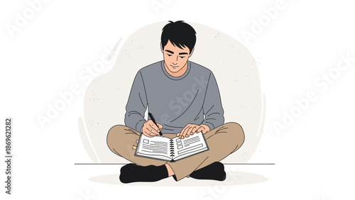 Young man sitting cross-legged writing in notebook, creative illustration