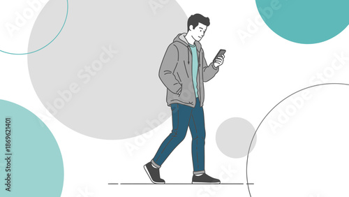 Young man walking and looking at smartphone, modern abstract background, casual style