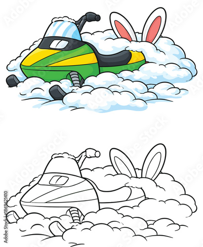 Funny snowmobile buried in snow pile with rabbit ears sticking out vector illustration