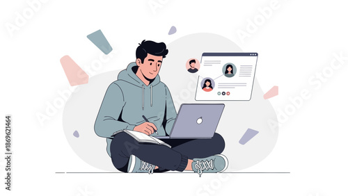 Young man working on laptop, online communication, remote work, studying concept