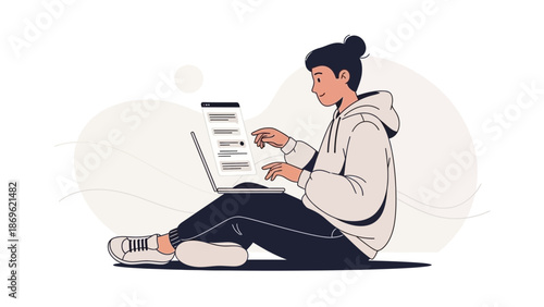 Young person in hoodie typing on laptop, sitting cross-legged, modern illustration