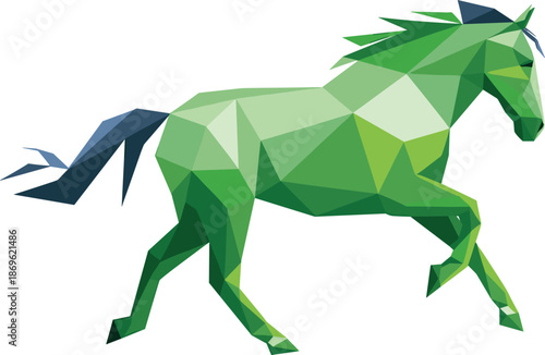 Geometric low poly green horse running vector illustration for modern logo design and creative branding projects.