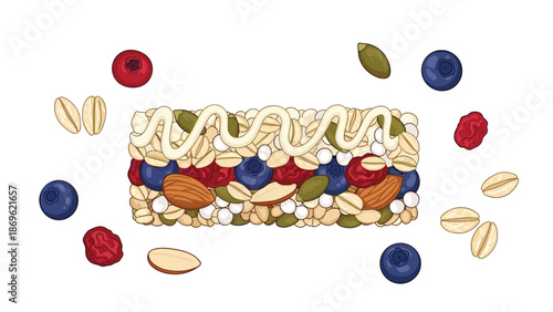 Granola bar drizzled with white chocolate, surrounded by berries, almonds, seeds, and oat flakes, a nutritious and delicious snack.