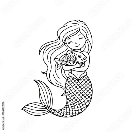A smiling mermaid with long wavy hair hugs a fish in her arms under the sea in a cute illustration with underwater and fantasy and mythical and playful