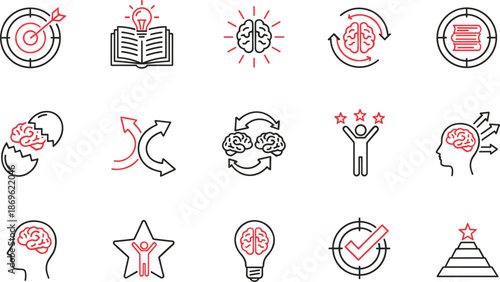 Brainstorming and personal success line icons for creative thinking mind mapping education psychology strategy achievement and professional development,