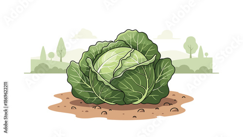 A single, large, tightly-headed cabbage resting on the soil with a blurred background of trees and hills, representing fresh vegetables and farming.