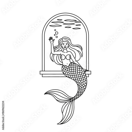 A beautiful smiling mermaid with long wavy hair and a shiny tail swims underwater looking through an arched porthole window with bubbles rising to the surface