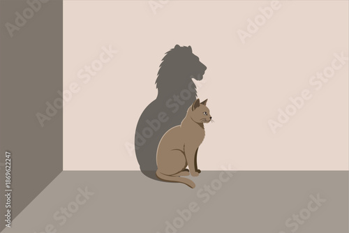 Cat sitting calmly while casting a lion shadow on the wall, symbolizing confidence, self belief, inner strength, courage, ambition, and powerful mindset concept. Vector illustration. 