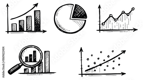 Hand drawn line art business charts set featuring bar graphs, a pie chart, and line graphs for data analysis