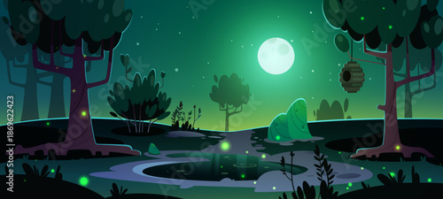 Magical Night Forest Landscape Vector with Full Moon, Fireflies, and Pond