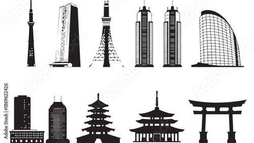 Black and white illustration of famous buildings and landmarks from around the world