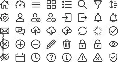 A diverse collection of grayscale icons including communication finance and user interface elements on transparent background high quality professional detailed modern