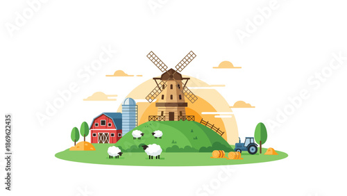 A picturesque farm scene at sunset with a windmill, barn, silo, sheep, and tractor, set against a backdrop of warm sky and hay bales, symbolizing rural tranquility.