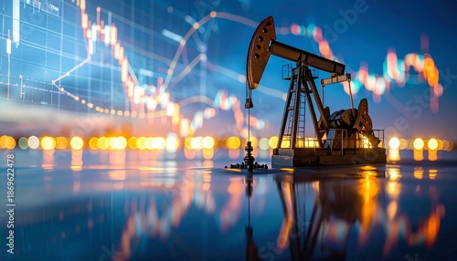 Oil pump jack and financial data on display during nighttime in an industrial setting