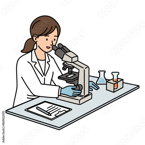 Vector illustration of a female medical technologist or scientist looking through a microscope in a laboratoryใ