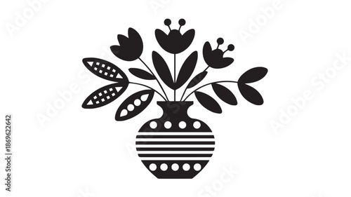 A minimalist illustration of flowers in a vase, depicted in black and white, showcasing a simple yet elegant arrangement.