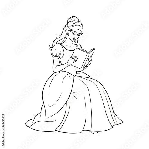A beautiful princess in a long dress sitting and reading a book in a simple line art style on a white background with illustration and graphic
