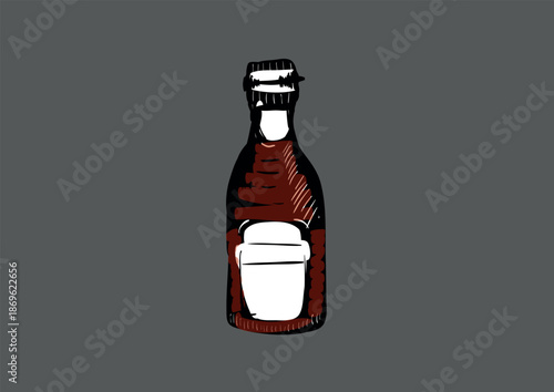 Hand drawn vintage ketchup bottle in black and white