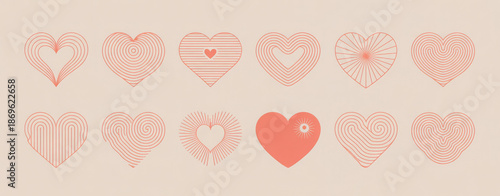Bohemian Valentines day abstract linear art hearts. Minimalist geometric Valentines heart symbols, elements. Love, wedding, valentines concept illustration 
