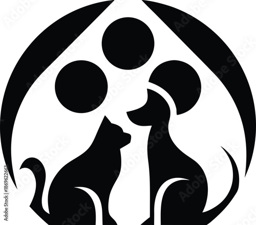A minimalist design featuring a cat dog and paw print within a circular frame