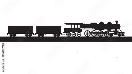 A minimalist black and white illustration of a vintage train with carriages on a plain white background viewed from the side.