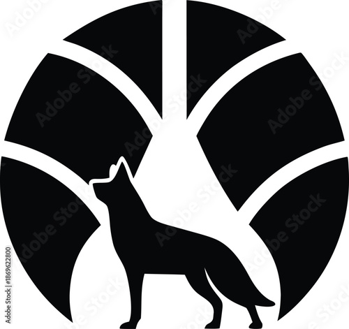 A striking black and white image featuring a wolf silhouette within a circular design