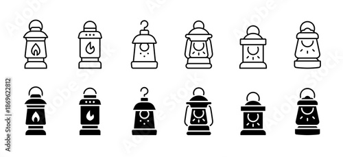Lantern icon set. Vintage oil lamp with flame symbol. Classic portable light illustration. Retro kerosene lantern for illumination and lighting design.