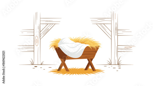 An empty wooden manger filled with straw and covered with a white cloth, set within a rustic stable structure, evoking the nativity scene.
