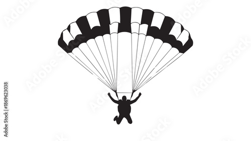 A person parachuting downwards with a black and white striped parachute from a high viewpoint