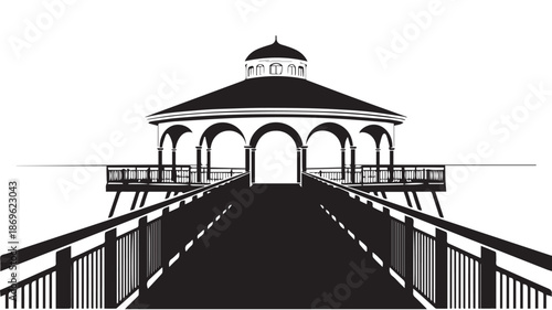 A black and white silhouette illustration of a pier with a gazebo at the end