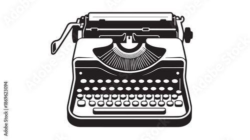 A technical illustration of a vintage typewriter in black and white from a front viewpoint