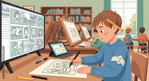 Boy engrossed in drawing surrounded by art supplies and inspiration.