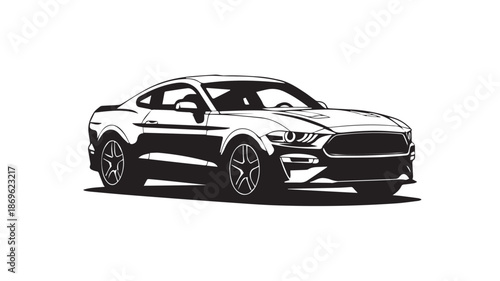 Vintage black and white illustration of a sports car with a sleek design and modern features