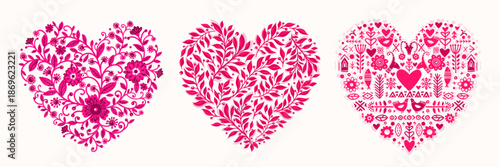 Decorative floral and folk style hearts
