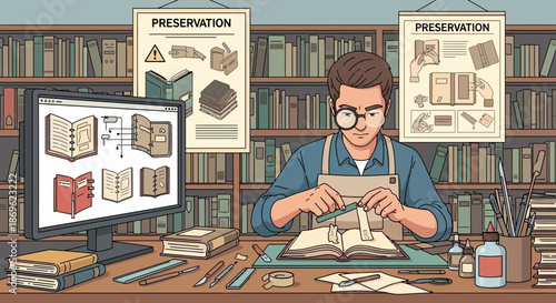 Book Restorer at Work Preserving Literary Heritage with Precision.