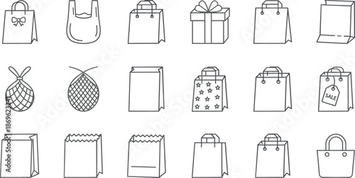 Commercial shopping bag and gift packaging line icons for e-commerce retail branding consumer marketing boutique sales and delivery,