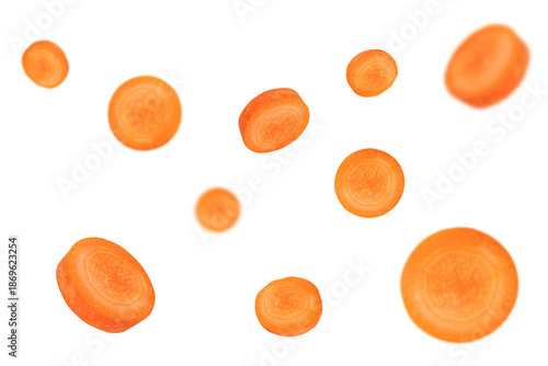Floating Carrot with Leaves and Round Slices for Healthy Cooking and Nutrition Design on Transparent Background Png