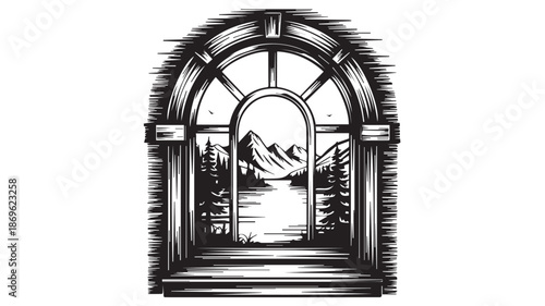 A serene landscape view through an arched window with mountains and trees in black and white illustration