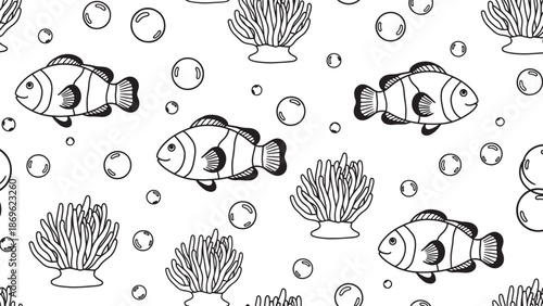 Hand drawn colorful clownfish swimming among coral reef plants