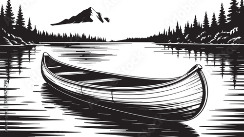 A serene black-and-white illustration of a canoe on a calm lake surrounded by trees and mountains