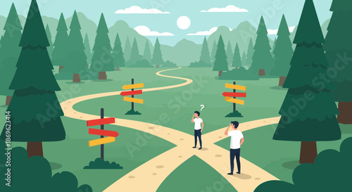 Crossroads of Choices People at a Fork in the Road in a Forest.
