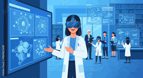 Female Scientist Using VR Headset in a Futuristic Lab.