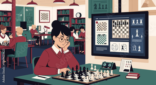 Focused Chess Player Analyzing Game on Screen in Library.