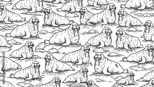 Repeating pattern of hand drawn walruses resting on ice floes